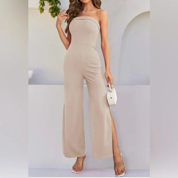 Elegant Tan Jumpsuit with Sexy Leg Slit - Picture 3 of 12